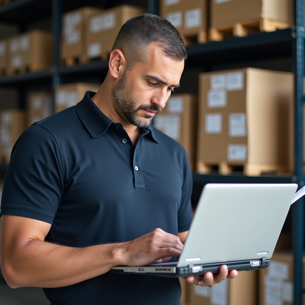 Manager de logistică verificând stocuri pe laptop